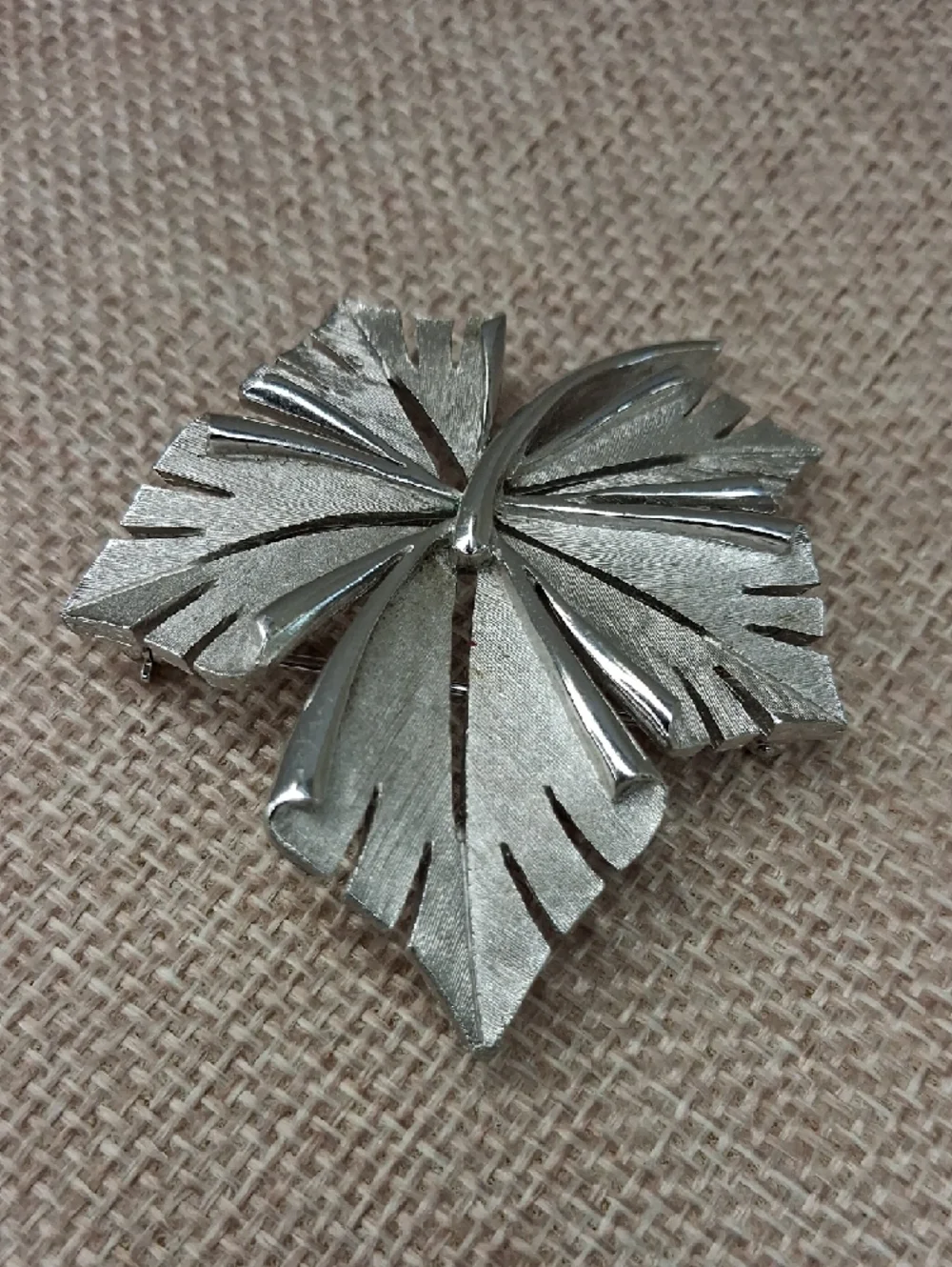 Silver Tone Leaf Brooch Large Statement Textured Pin One Size